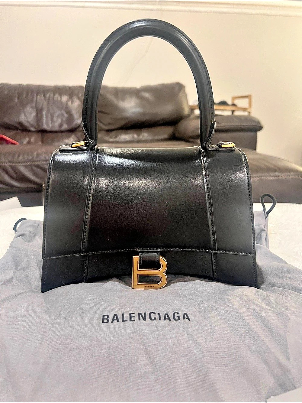 Balenciaga Hourglass Top Handle Bag Black with Gold Hardware